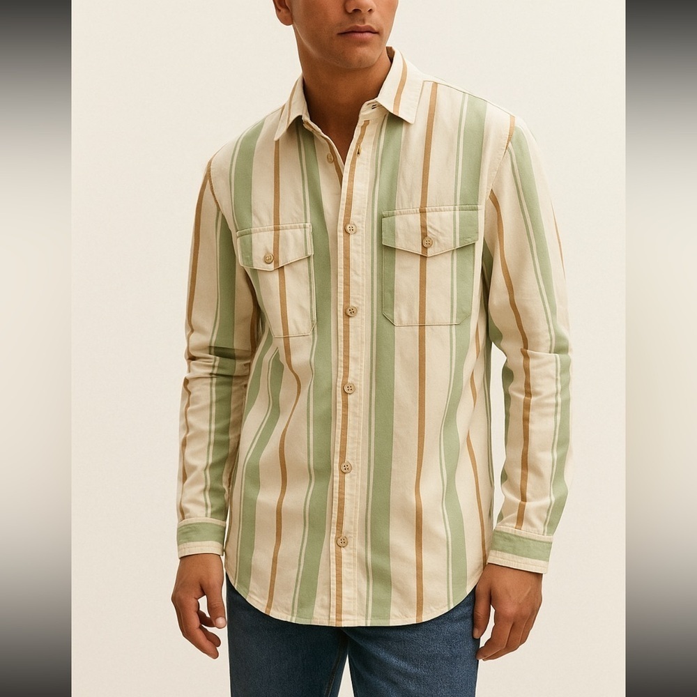 Zara Men's Casual Striped Shirt in Green and Tan